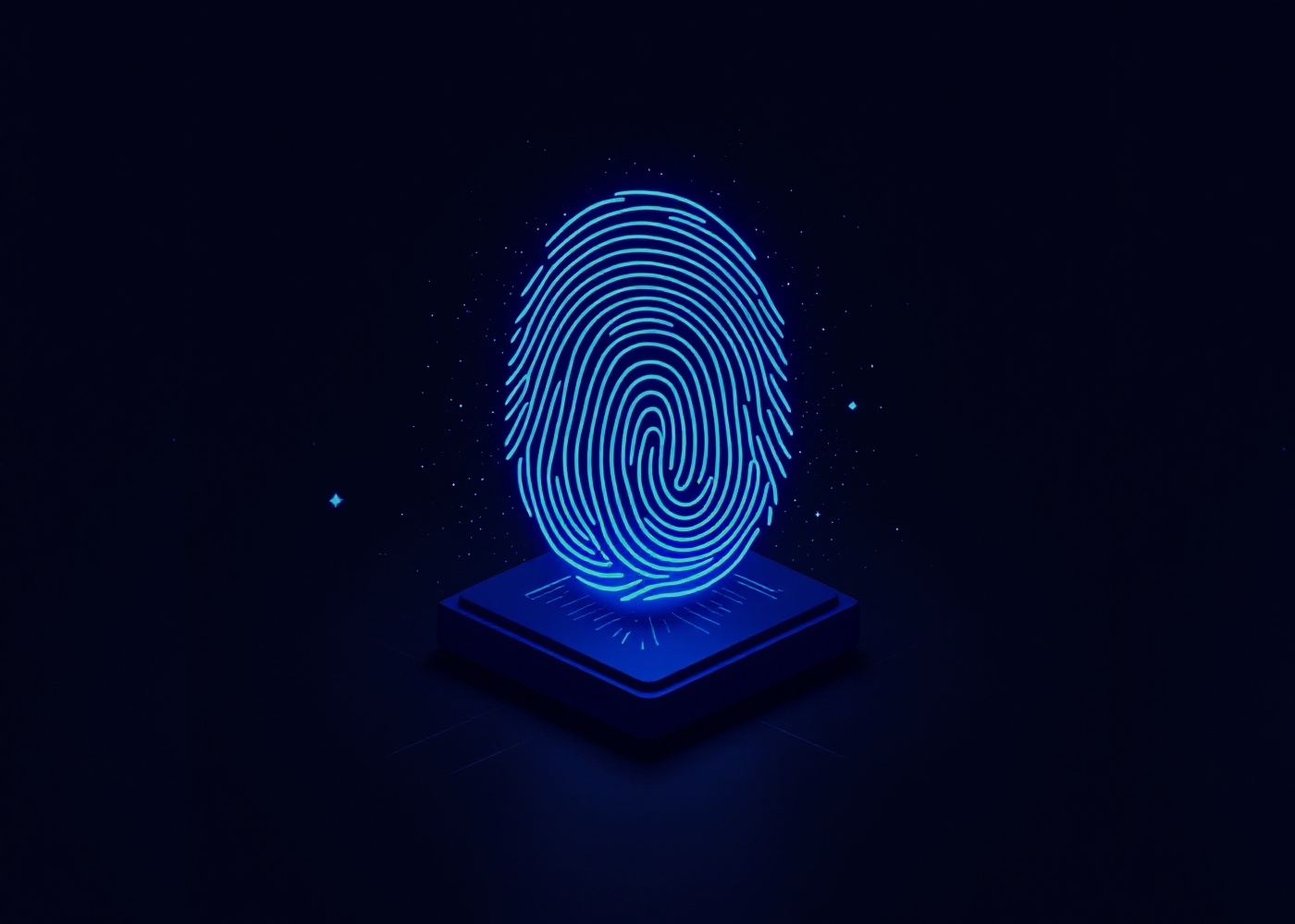 Glowing digital fingerprint on a grid representing biometric identity